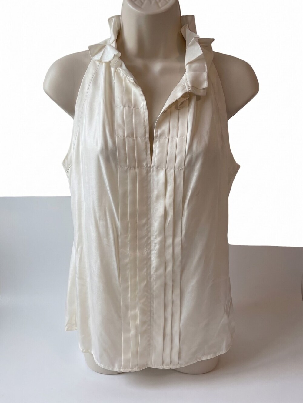 Elena Solano Sleeveless Silk Blouse with Ruffle Collar, Size L